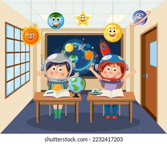 Tema astronómico con ilustraciones de niños