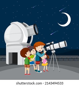 Tema astronómico con niños mirando la ilustración de la estrella