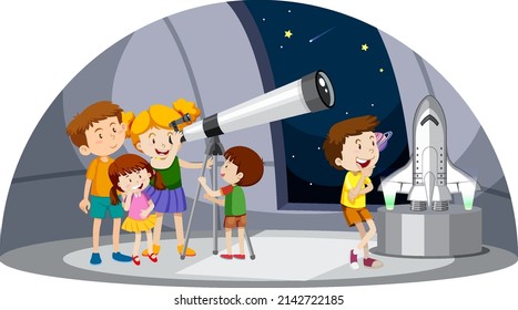 Astronomy theme with kids looking at telescope illustration