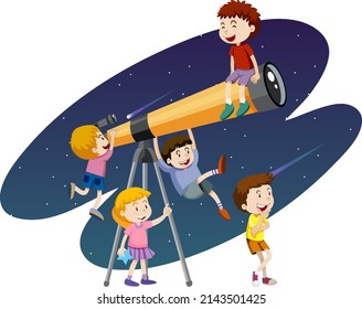 Tema astronómico con niños mirando la ilustración del telescopio