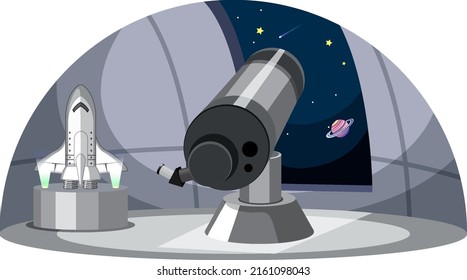 Astronomy theme with telescope and spaceship illustration