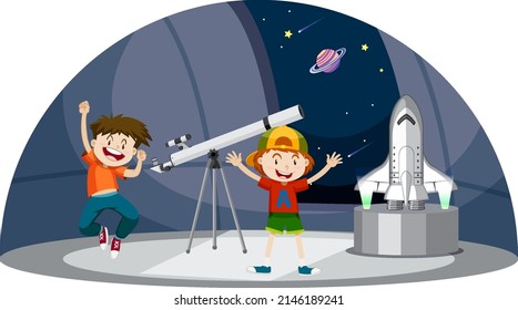 Astronomy theme with two boys and telescope illustration