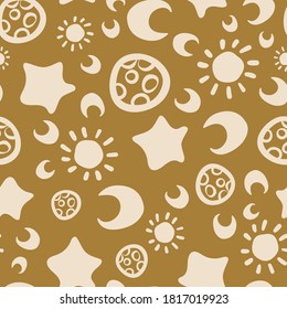 Astronomy themed seamless vector pattern in mustard yellow. Chunky doodle shapes surface print design for fabrics, stationery, scrapbook paper, backgrounds, textiles, gift wrap, covers, and packaging.