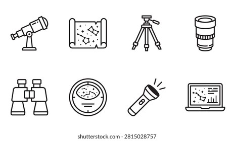 Astronomy tools line icon set with telescope and map