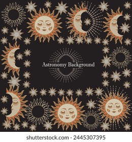 Astronomy vector background on black background.vintage background with sun,moon and stars.Hand drawing.Design for web banner with place for text,background,wallpaper,template for poster and prints.