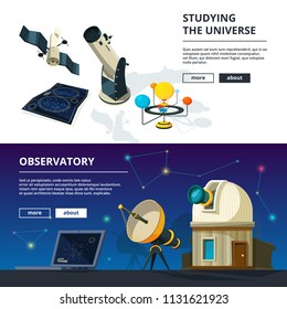 Astronomy. Vector banners set of science theme. Illustration of telescope and observatory, satellite and exploration, spacecraft illustration