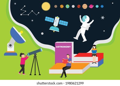 Astronomy vector concept. Students learn astronomy by reading books and doing observation on the space through a telescope