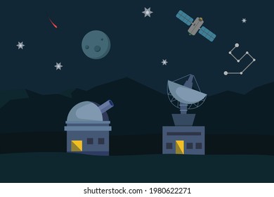 Astronomy vector concept. Telescope and antenna for space observation at night