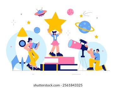 Astronomy Vector Illustration featuring People Observing a Starry Night Sky with Galaxies and Planets in Outer Space Using Telescopes in a Background