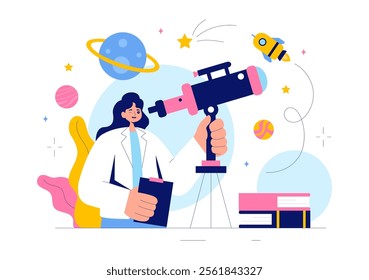 Astronomy Vector Illustration featuring People Observing a Starry Night Sky with Galaxies and Planets in Outer Space Using Telescopes in a Background