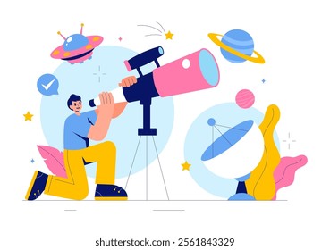 Astronomy Vector Illustration featuring People Observing a Starry Night Sky with Galaxies and Planets in Outer Space Using Telescopes in a Background