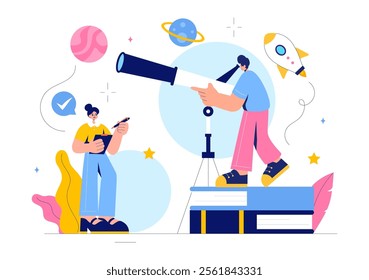 Astronomy Vector Illustration featuring People Observing a Starry Night Sky with Galaxies and Planets in Outer Space Using Telescopes in a Background