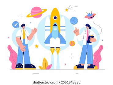 Astronomy Vector Illustration featuring People Observing a Starry Night Sky with Galaxies and Planets in Outer Space Using Telescopes in a Background