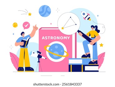 Astronomy Vector Illustration featuring People Observing a Starry Night Sky with Galaxies and Planets in Outer Space Using Telescopes in a Background