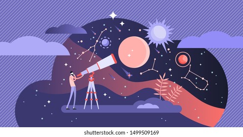 Astronomy vector illustration. Flat tiny space research study person concept. Explore stars and galaxy knowledge with telescope. Horoscope zodiac education with astrology methods and science discovery