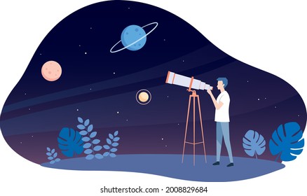 Astronomy vector illustration. Human looking a cosmos through telescope. Space research study person. Explore stars and galaxy knowledge with telescope. Studying astronomy.