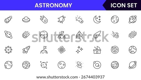 Astronomy vector line icons featuring telescopes, stars, planets, moons, galaxies, constellations, observatories, space exploration, and celestial bodies symbols.