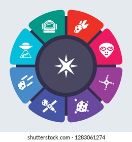 astronomy vector template for infographics. Business concept with 9 options, steps, parts, segments. Banner infographic cycling diagram, round chart, Astrology, astranaut helmet, Asteroid icons