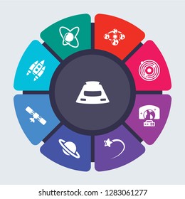 astronomy vector template for infographics. Business concept with 9 options, steps, parts, segments. Banner infographic cycling diagram, round chart, Space capsule, Space, Solstice icons