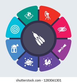 astronomy vector template for infographics. Business concept with 9 options, steps, parts, segments. Banner infographic cycling diagram, round chart, Rocket launch, Relativity, Reflector icons