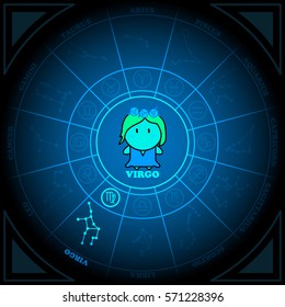 Astronomy of Virgo Zodiac Circle with zodiac sign icon vector on black background