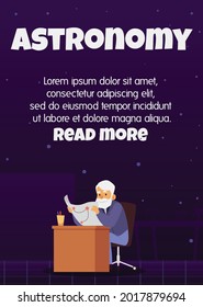 Astronomy web banner or social media poster template with scientist studying star map, flat vector illustration. Post design for space exploration or planetarium.