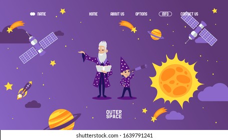 Astronomy website for children, vector illustration. Old astronomer teacher and young boy cartoon characters, flat style icons of stars, satellite, comet, sun. Space and Solar system, school education