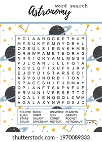 Astronomy word search puzzle. Educational game for lerning English words. Space theme. Printable vector illustration. 