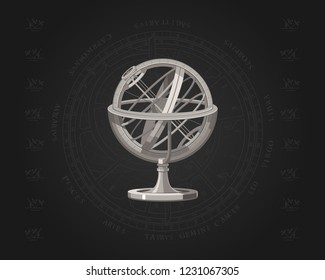 Astronomy. Zodiac sign. Horoscope. Armillary sphere. Star chart.
