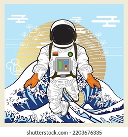 astronout illustration design with japanese style background
