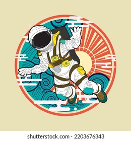 astronout illustration design with japanese style background
