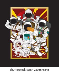 astronout illustration design with japanese style background