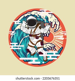 astronout illustration design with japanese style background