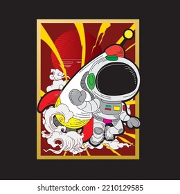 astronout illustration design with japanese style background 