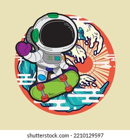 astronout illustration design with japanese style background 