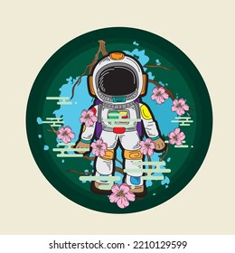 astronout illustration design with japanese style background 