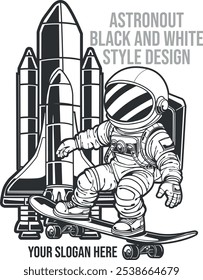 Astronout with spacecraft Black And White Monochrome Line Art. Vector illustration isolated black on white background