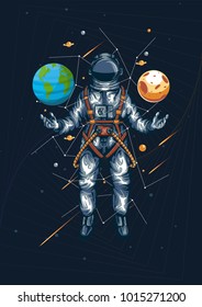 astronout world moon galaxy in your hand illustration
