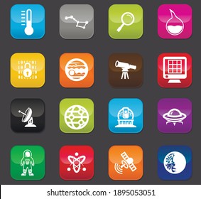Astronymy, search for extraterrestrial civilizations and astronautics vector color icons. Colored buttons on a dark background