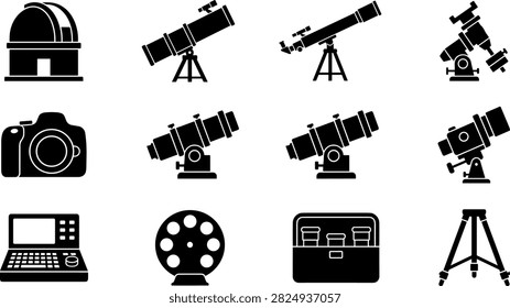 Astrophotography equipment vector icon set with telescopes, camera, filter wheel, and observatory.