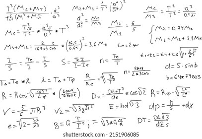 Astrophysical formulas. Scientific, educational background. Hand-drawn on a white background. Vector isolated image..