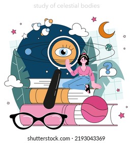 Astrophysicist concept. Astronomy scientist studying the universe through a telescope in observatory. Space observation and exploration, cosmology research. Flat vector illustration