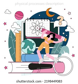 Astrophysicist concept. Astronomy scientist studying the universe through a telescope in observatory. Space observation and exploration, cosmology research. Flat vector illustration