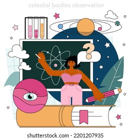Astrophysicist concept. Astronomy scientist studying the universe through a telescope in observatory. Space observation and exploration, cosmology research. Flat vector illustration