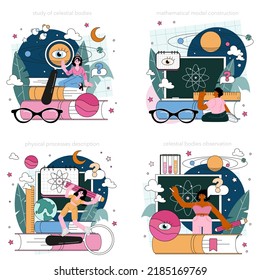 Astrophysicist Concept Set. Astronomy Scientist Studying The Universe Through A Telescope In Observatory. Space Observation And Exploration, Cosmology Research. Flat Vector Illustration