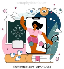Astrophysicist online service or platform. Scientist studying the universe through a telescope in observatory. Online forum. Flat vector illustration