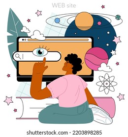 Astrophysicist online service or platform. Scientist studying the universe through a telescope in observatory. Website. Flat vector illustration