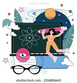Astrophysicist online service or platform. Scientist studying the universe through a telescope in observatory. Online lesson. Flat vector illustration