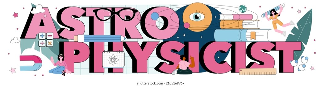 Encabezado tipográfico astrofísico. Científico estudiando el universo a través de un telescopio en observatorio. Observación y exploración del espacio, investigación cosmológica. Ilustración vectorial plana