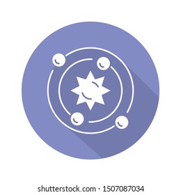 Astrophysics blue violet flat design long shadow glyph icon. Astronomy branch. Study of universe, stars, planets, galaxies. Astrophysical discoveries. Cosmology. Vector silhouette illustration